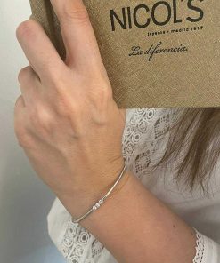 Joyas Nicols Pulseras | Brazalete Tubo Redondo Oro Blanco Eloise 3 Diamantes