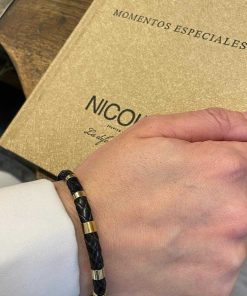 Joyas Nicols Pulseras De Hombre | Pulsera Hombre Cuero Oro Plata Teseo 6Mm